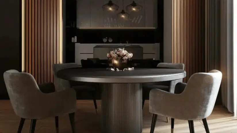 Luxury dining area with dark table and wall paint and gold accents