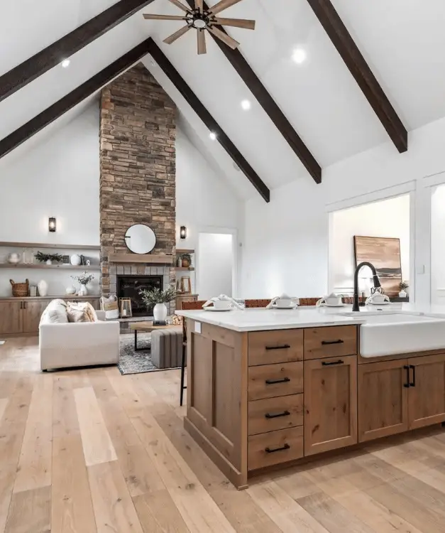 Interior living space and kitchen island of a luxury custom home by Pleasant View